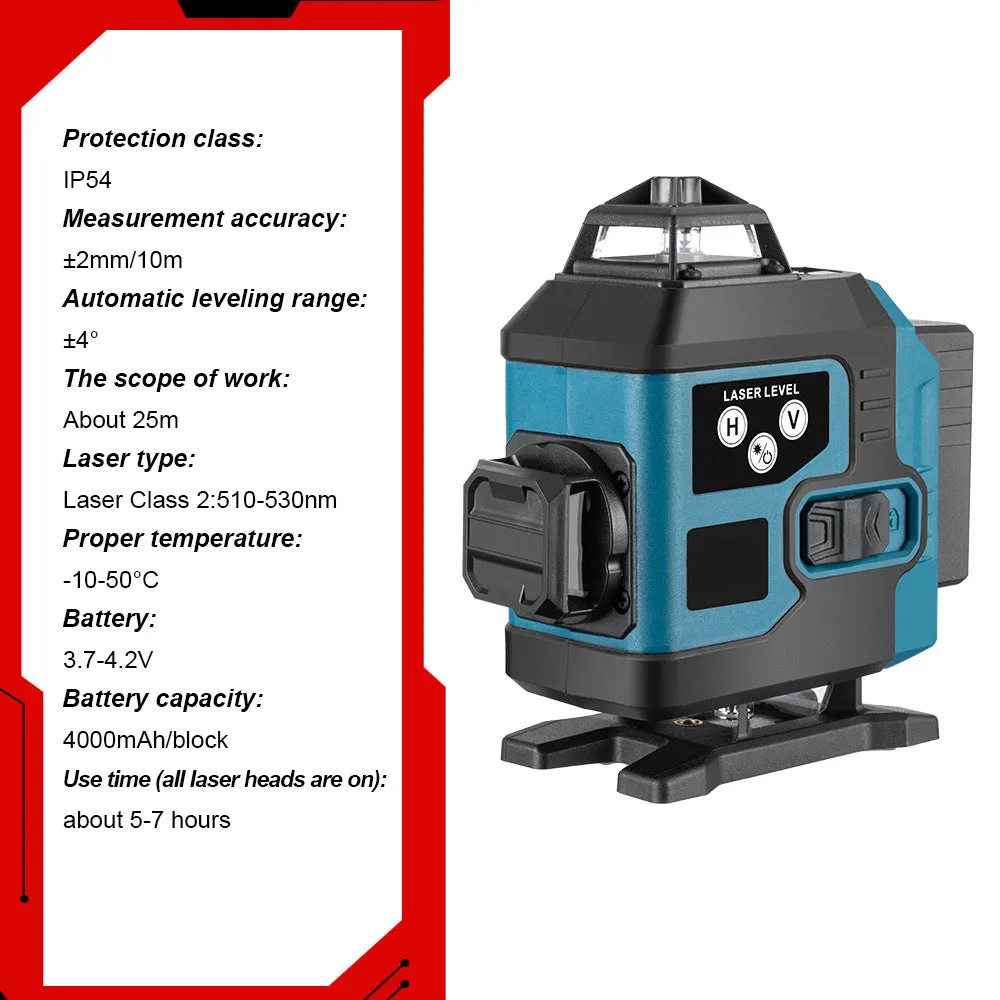 16-line infrared level in ABS housing with dual power supply and EU plug, shown on floor