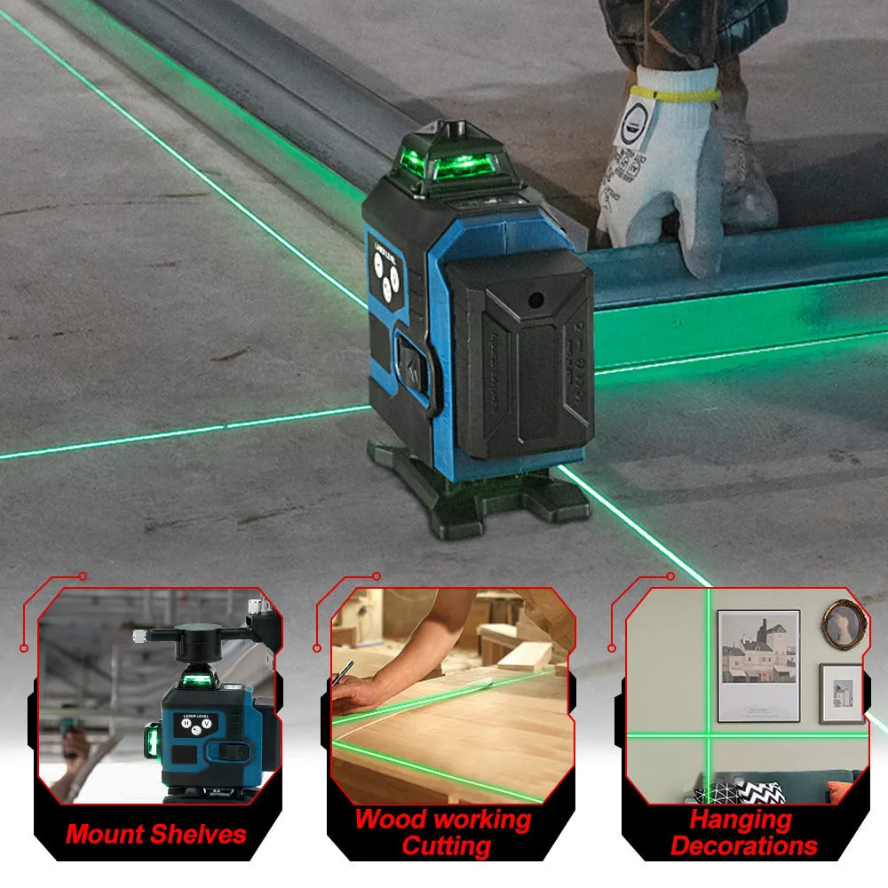 16-line infrared level in ABS housing with dual power supply and EU plug, shown on floor