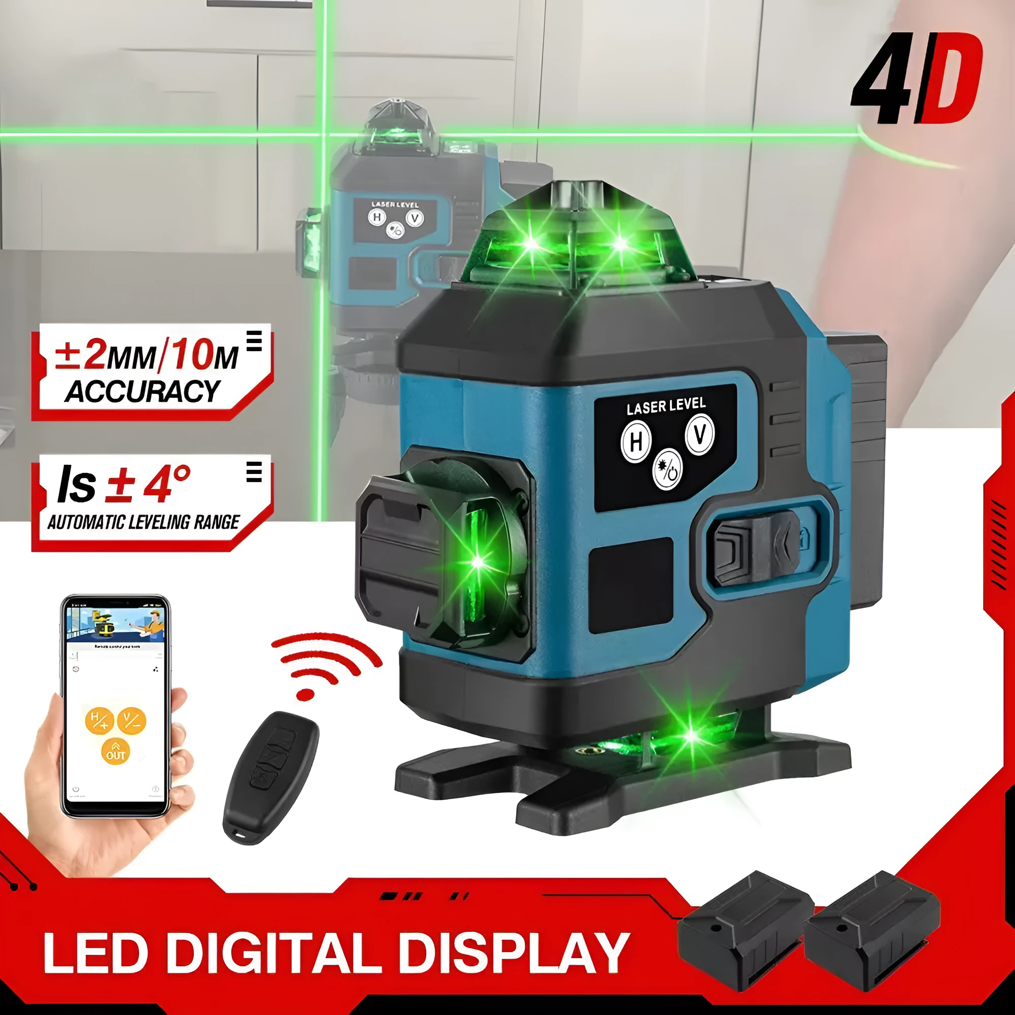 16-line infrared level in ABS housing with dual power supply and EU plug, shown on floor
