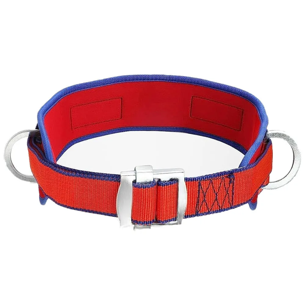 Red electrician safety belt with chest strap and lanyard for climbing and power engineering