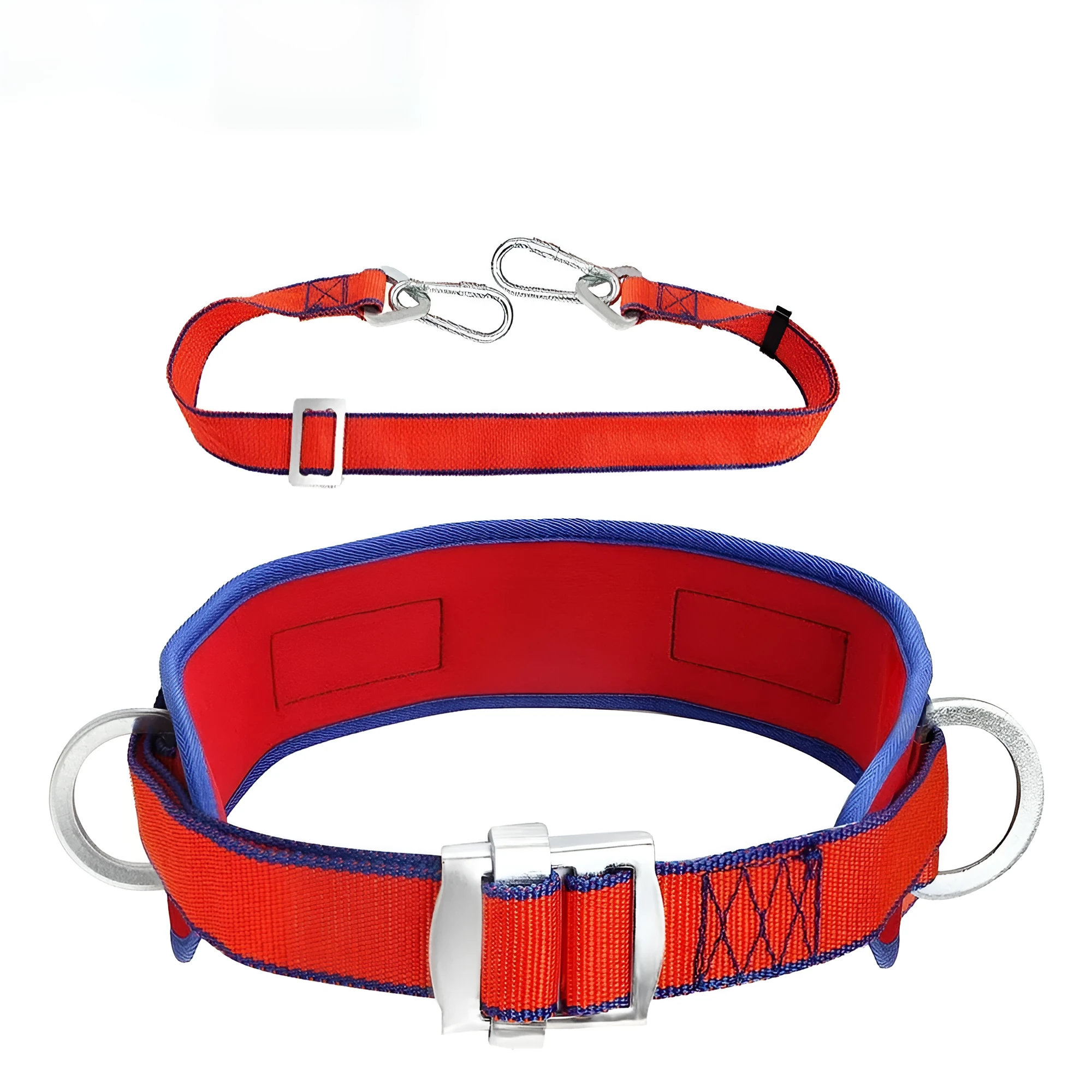 Red electrician safety belt with chest strap and lanyard for climbing and power engineering