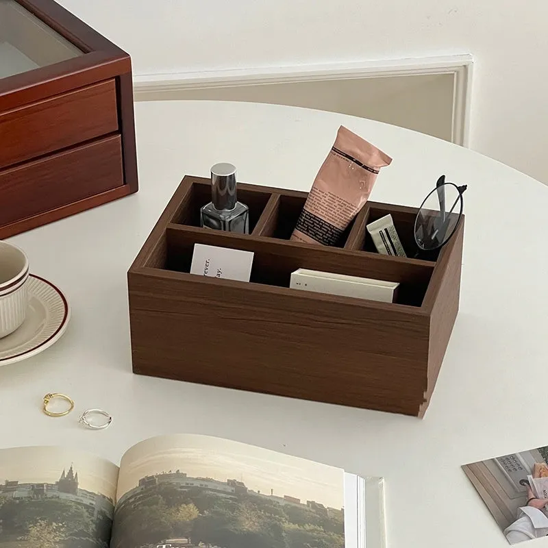 Retro wood desktop grid storage box – short four-cell tray with wooden surface