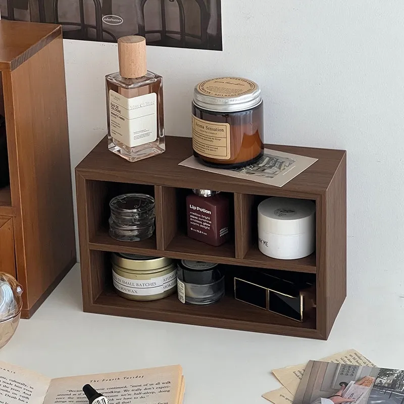 Retro wood desktop grid storage box – short four-cell tray with wooden surface