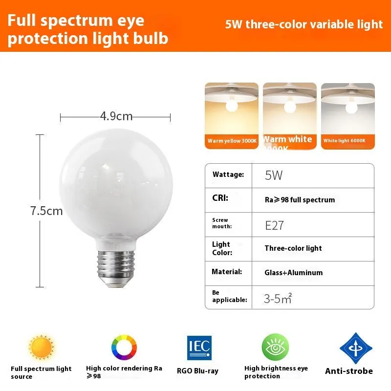 E27 LED bulb with full spectrum globe, 3W-15W tricolor variable light for bedroom eye protection