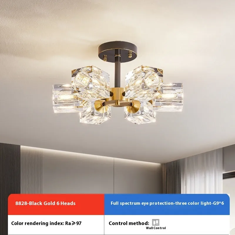 Copper crystal ceiling lamp 6 head with black gold wipe finish and three colour variable light for home