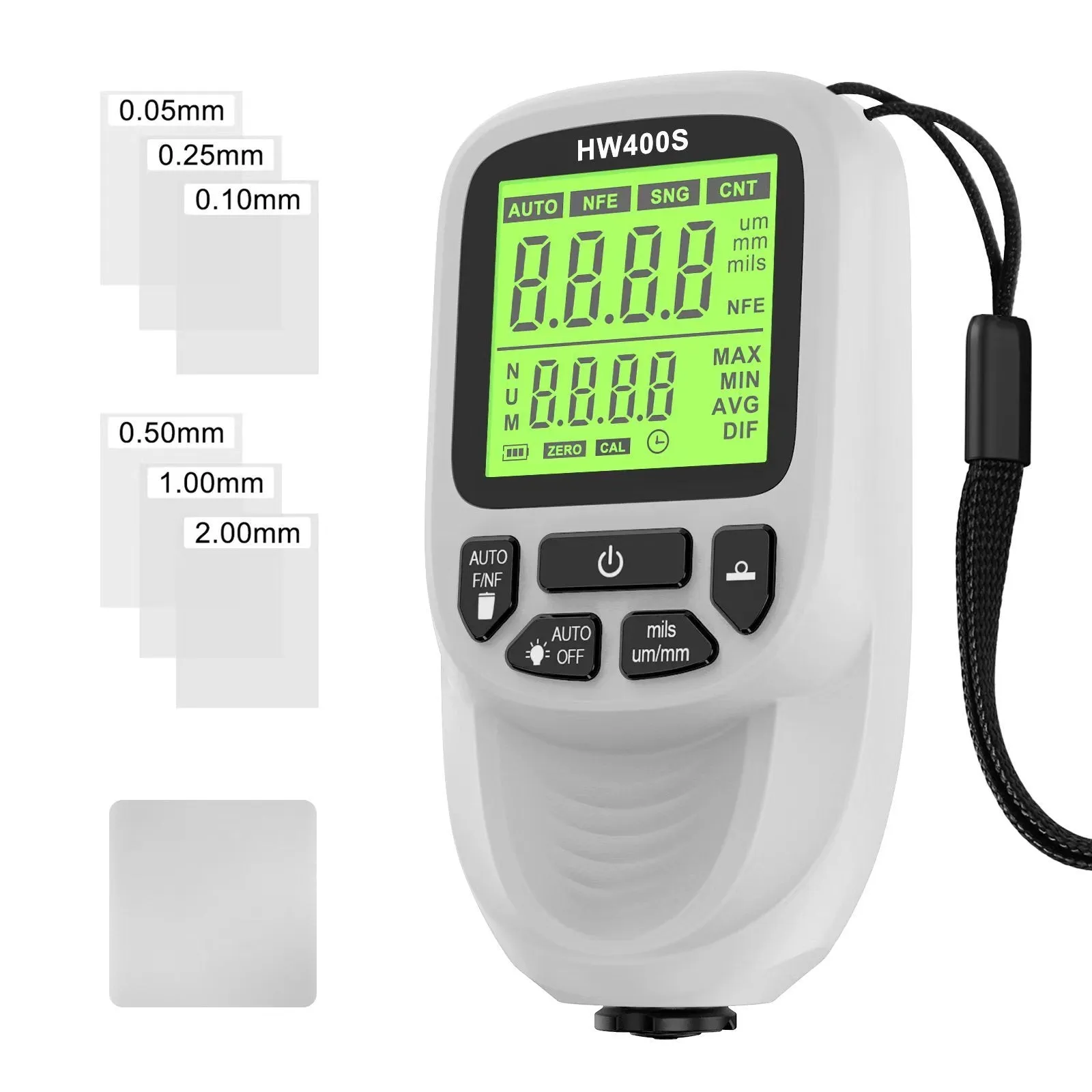 Hw-400s high precision coating thickness gauge in black ABS with LCD display, 142x68x53mm