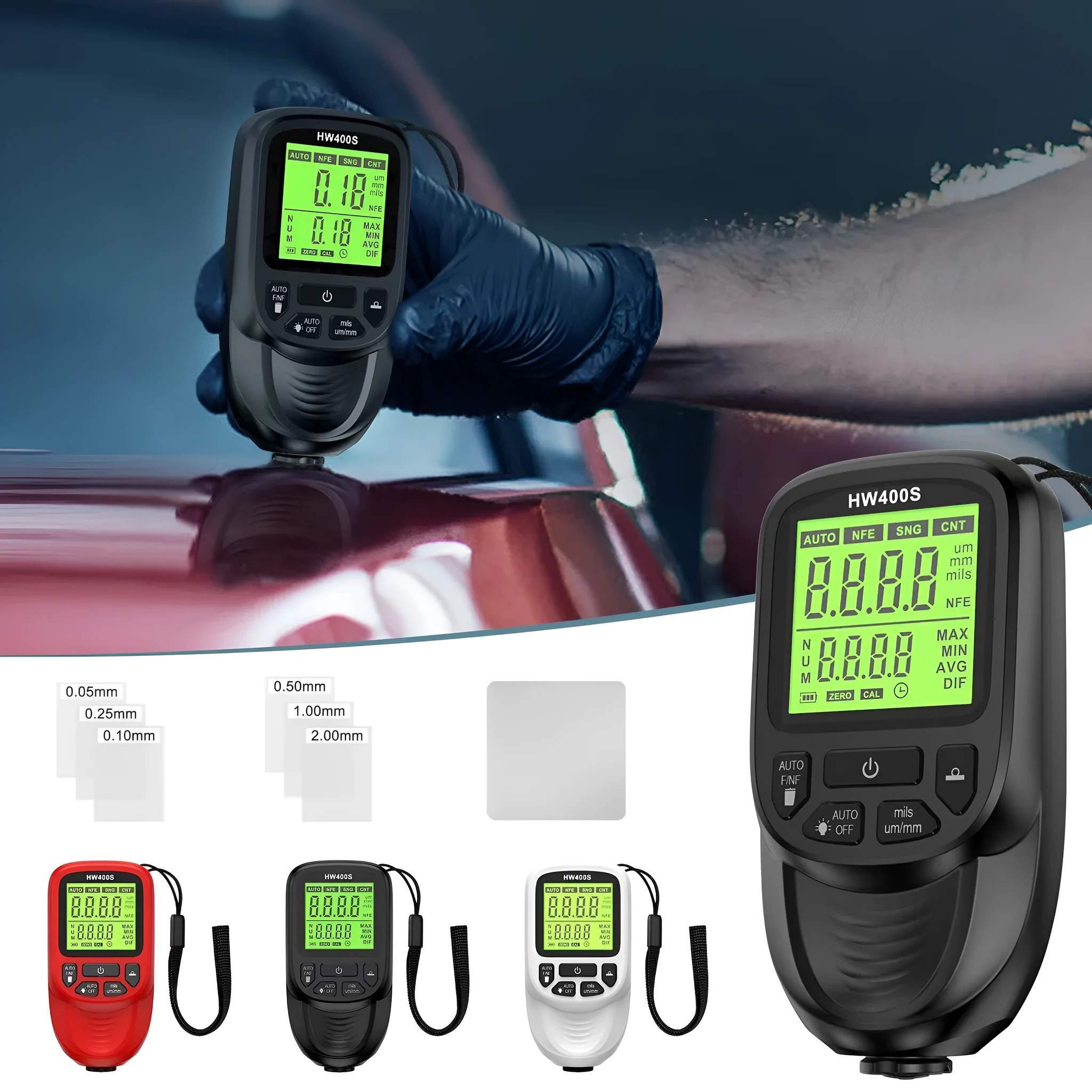 Hw-400s high precision coating thickness gauge in black ABS with LCD display, 142x68x53mm