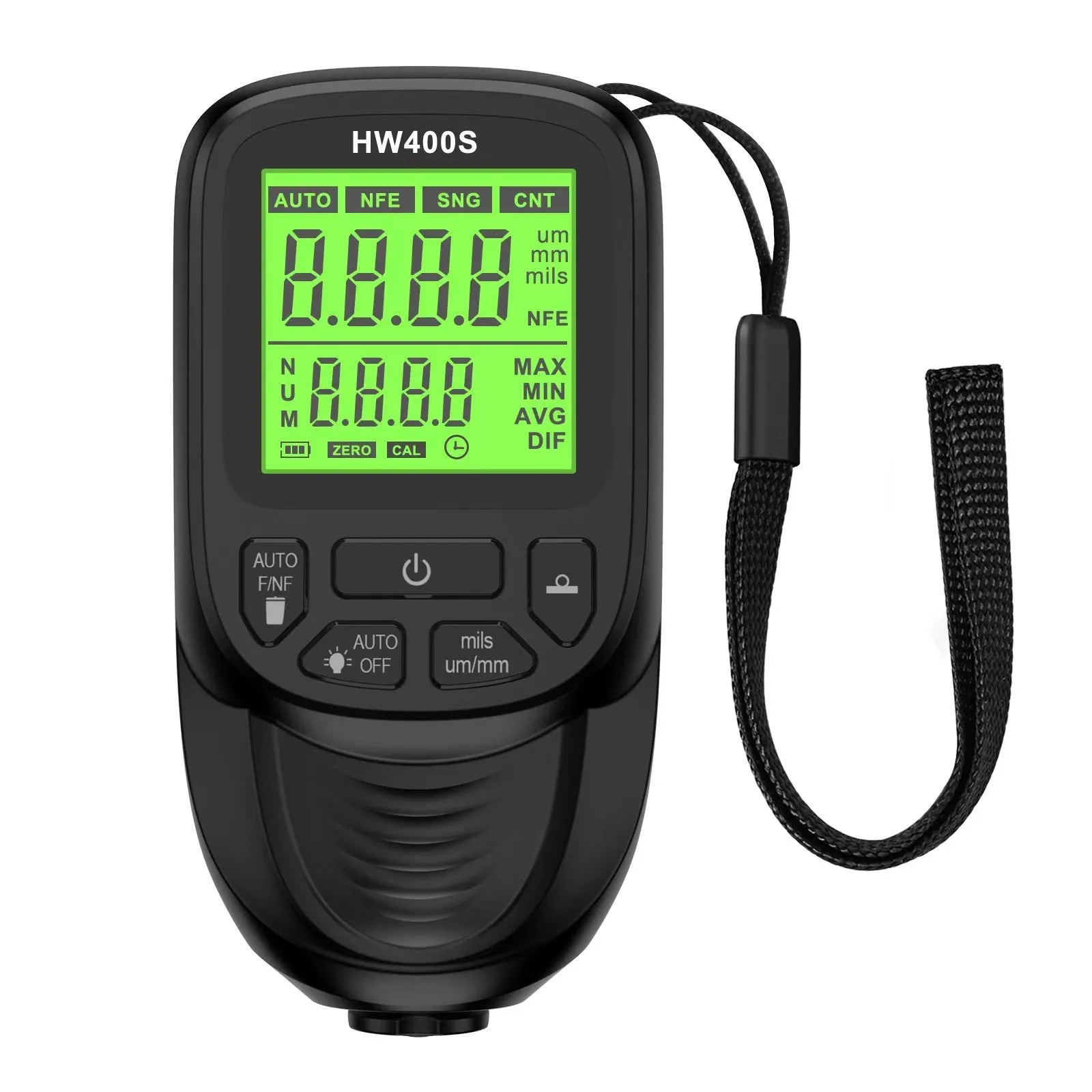 Hw-400s high precision coating thickness gauge in black ABS with LCD display, 142x68x53mm