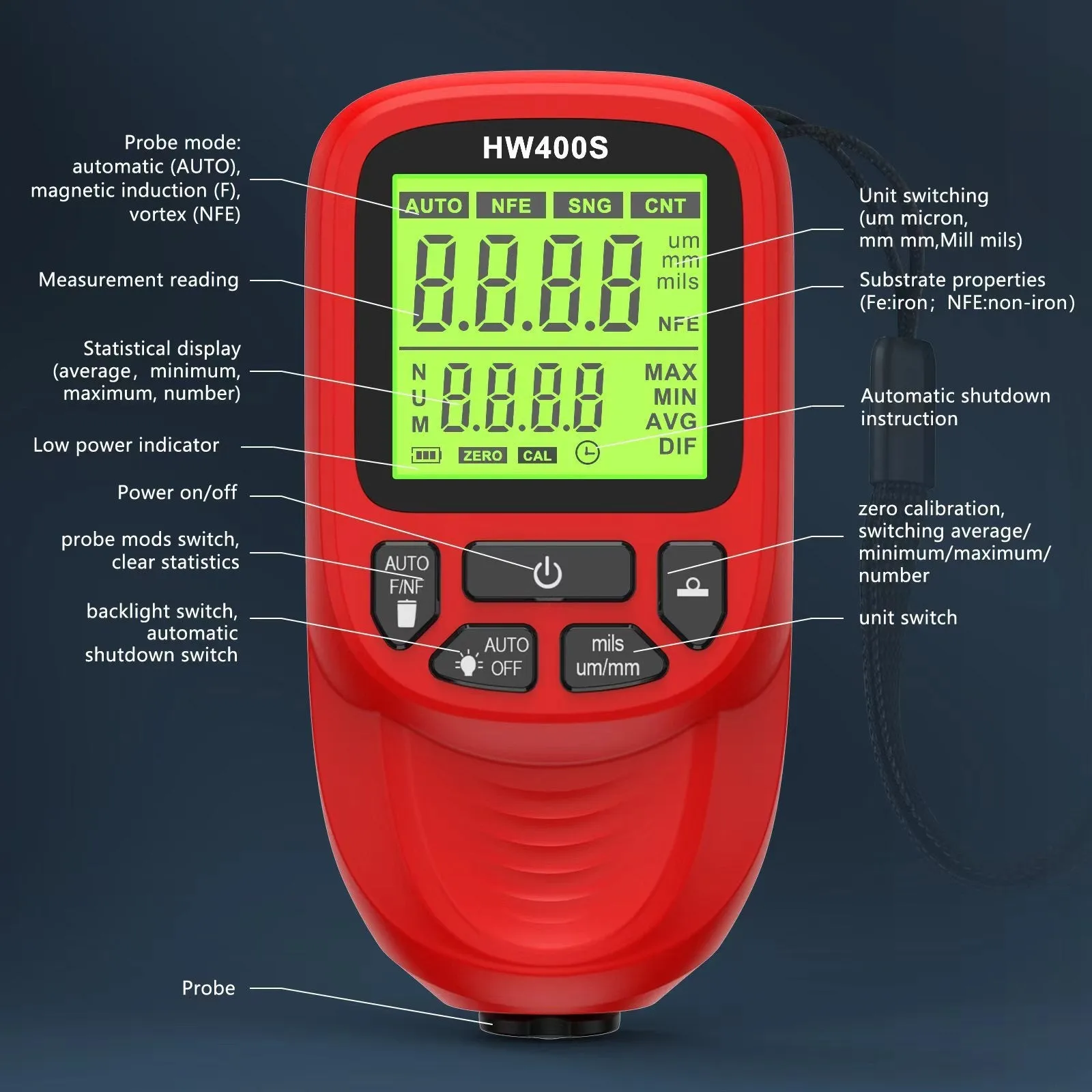 Hw-400s high precision coating thickness gauge in black ABS with LCD display, 142x68x53mm