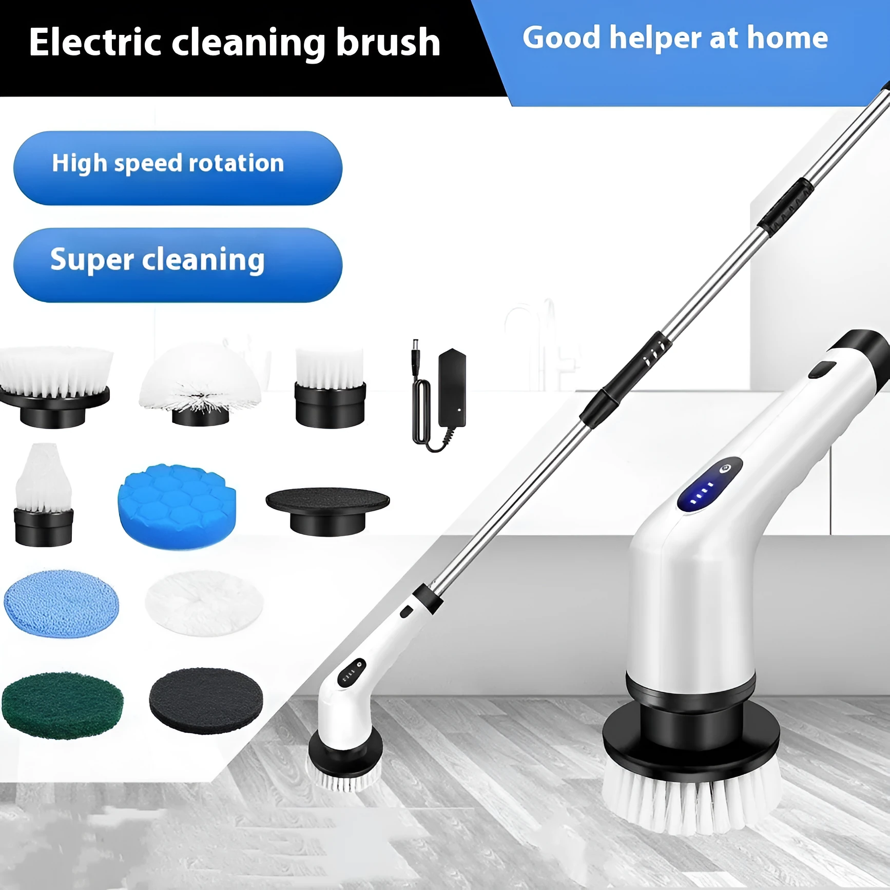 White rechargeable handheld cleaning brush with multiple power adapters for household use
