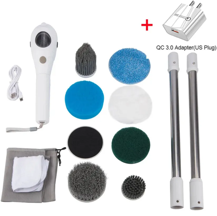 White rechargeable handheld cleaning brush with multiple power adapters for household use