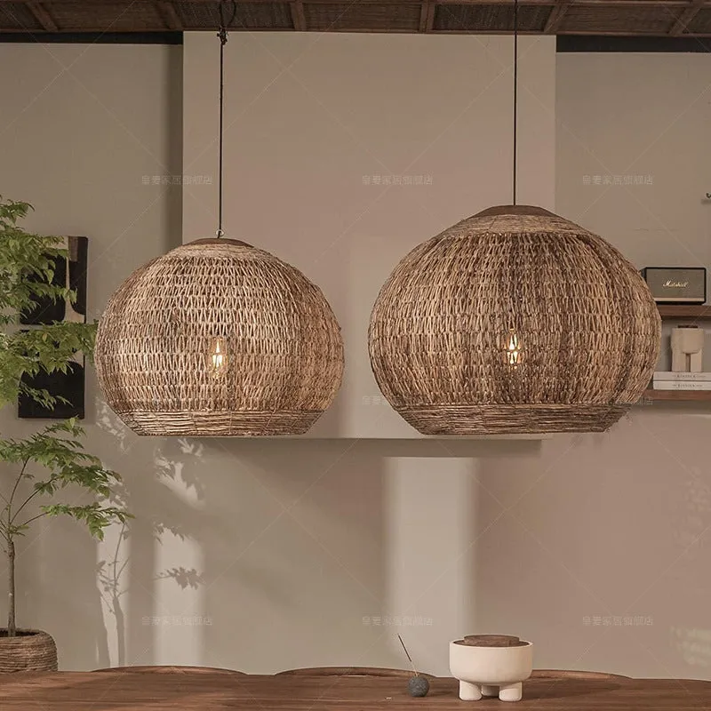 Rattan Japanese style dining room chandelier pendant light, diameters 45cm 60cm 80cm, silent wind design, natural woven shade