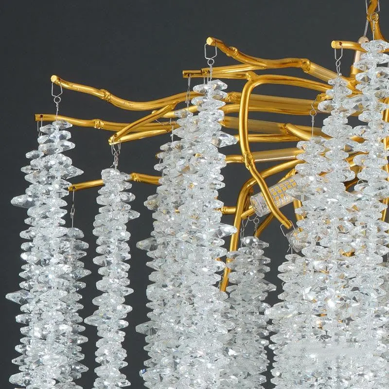Modern crystal and aluminium alloy LED chandelier light fixture with adjustable height.