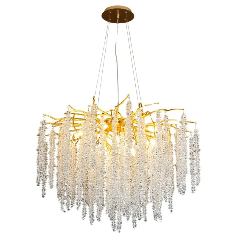 Modern crystal and aluminium alloy LED chandelier light fixture with adjustable height.