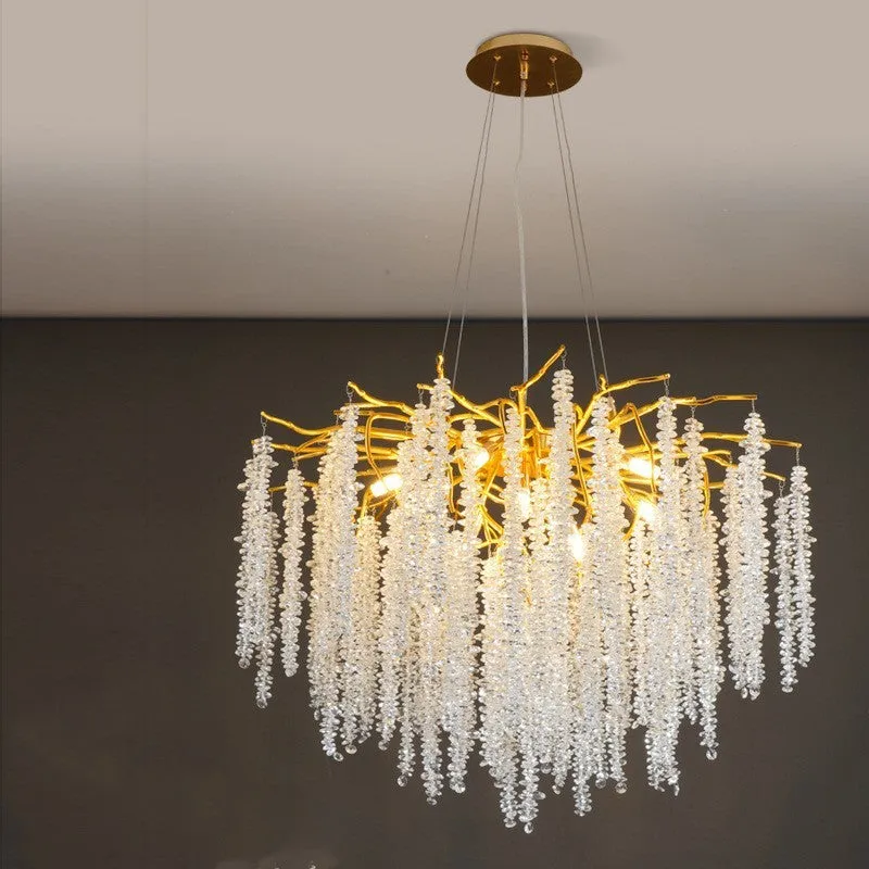Modern crystal and aluminium alloy LED chandelier light fixture with adjustable height.