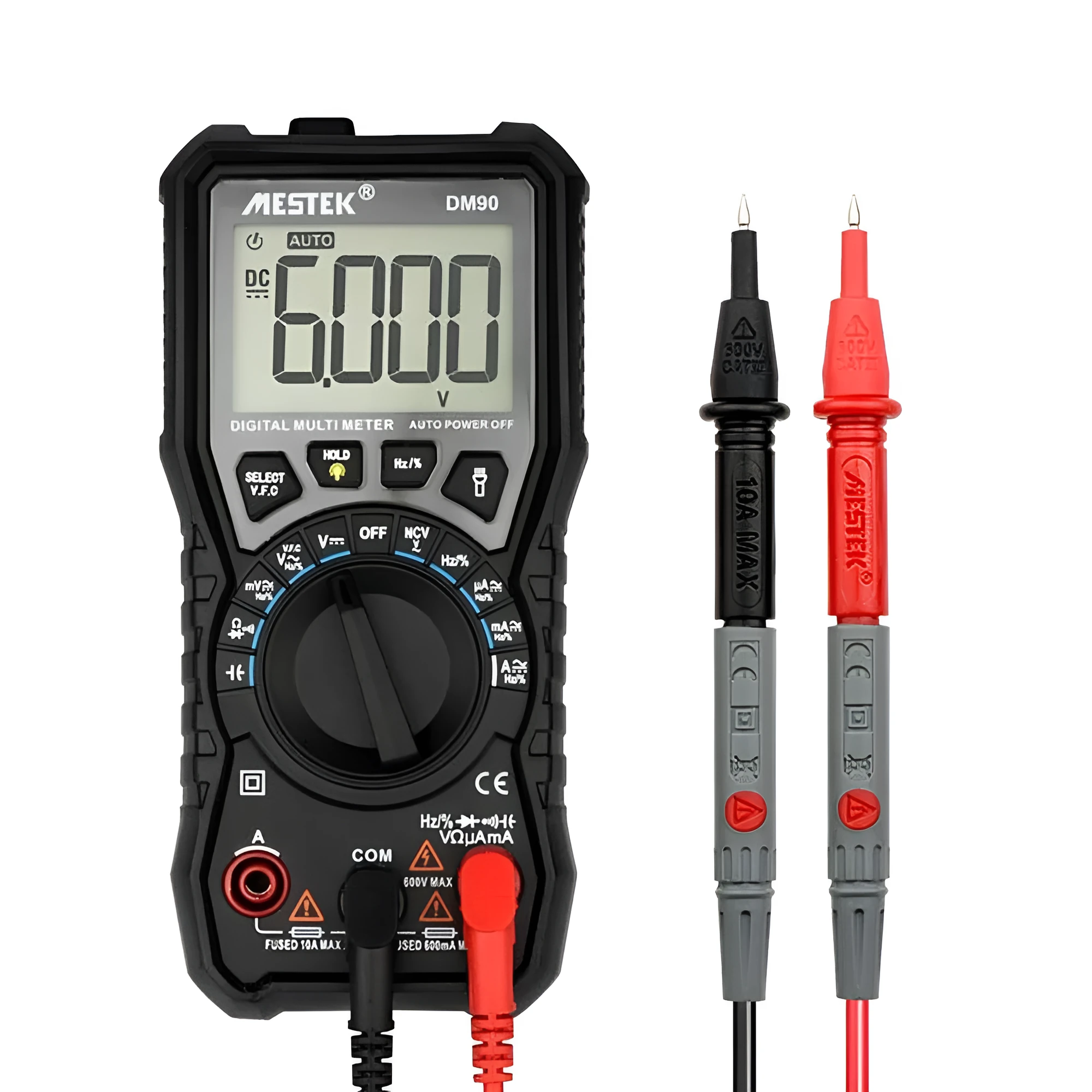 DM90A digital multimeter with test leads on a workbench, showing its display and temperature probe