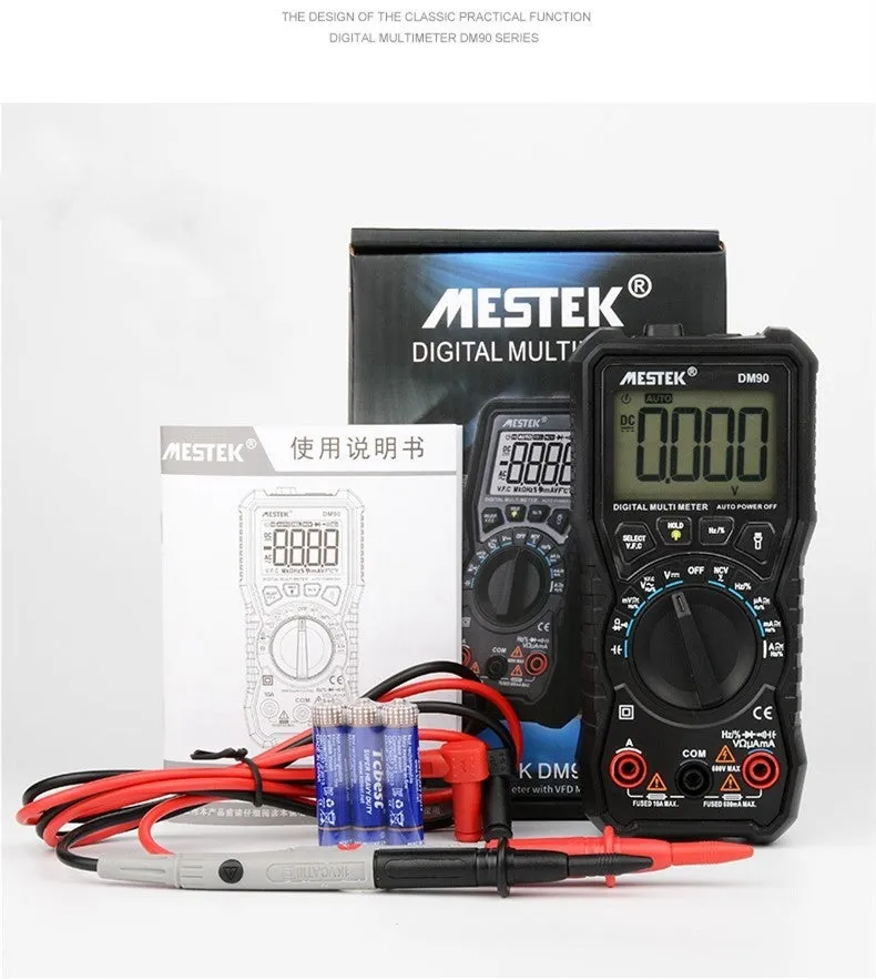 DM90A digital multimeter with test leads on a workbench, showing its display and temperature probe
