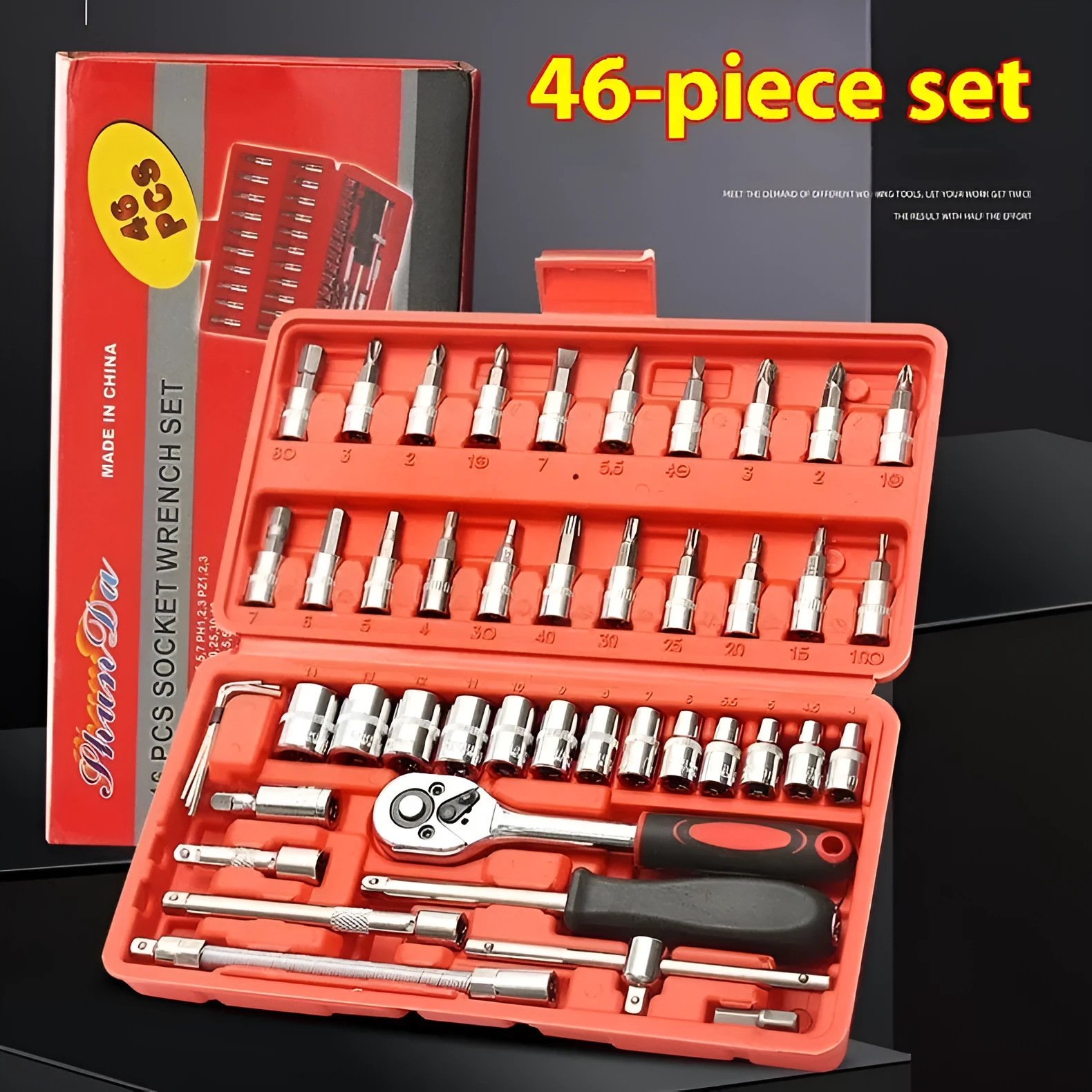 53-piece socket wrench ratchet spanner set in red and black storage box for home hardware repair
