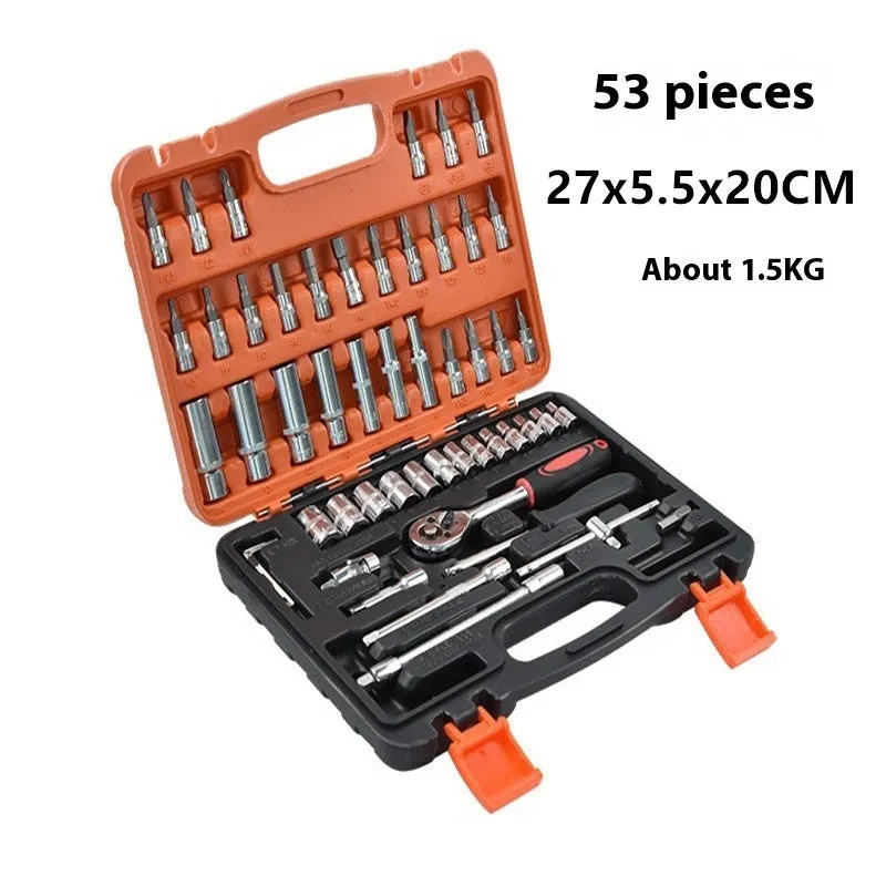 53-piece socket wrench ratchet spanner set in red and black storage box for home hardware repair