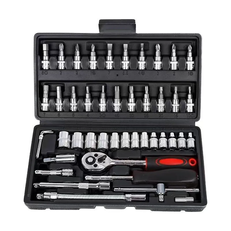 53-piece socket wrench ratchet spanner set in red and black storage box for home hardware repair
