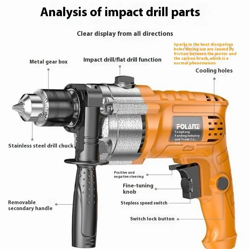 1980W aluminum shell reinforced impact drill with accessories including drill bit sleeve and cutting sleeve