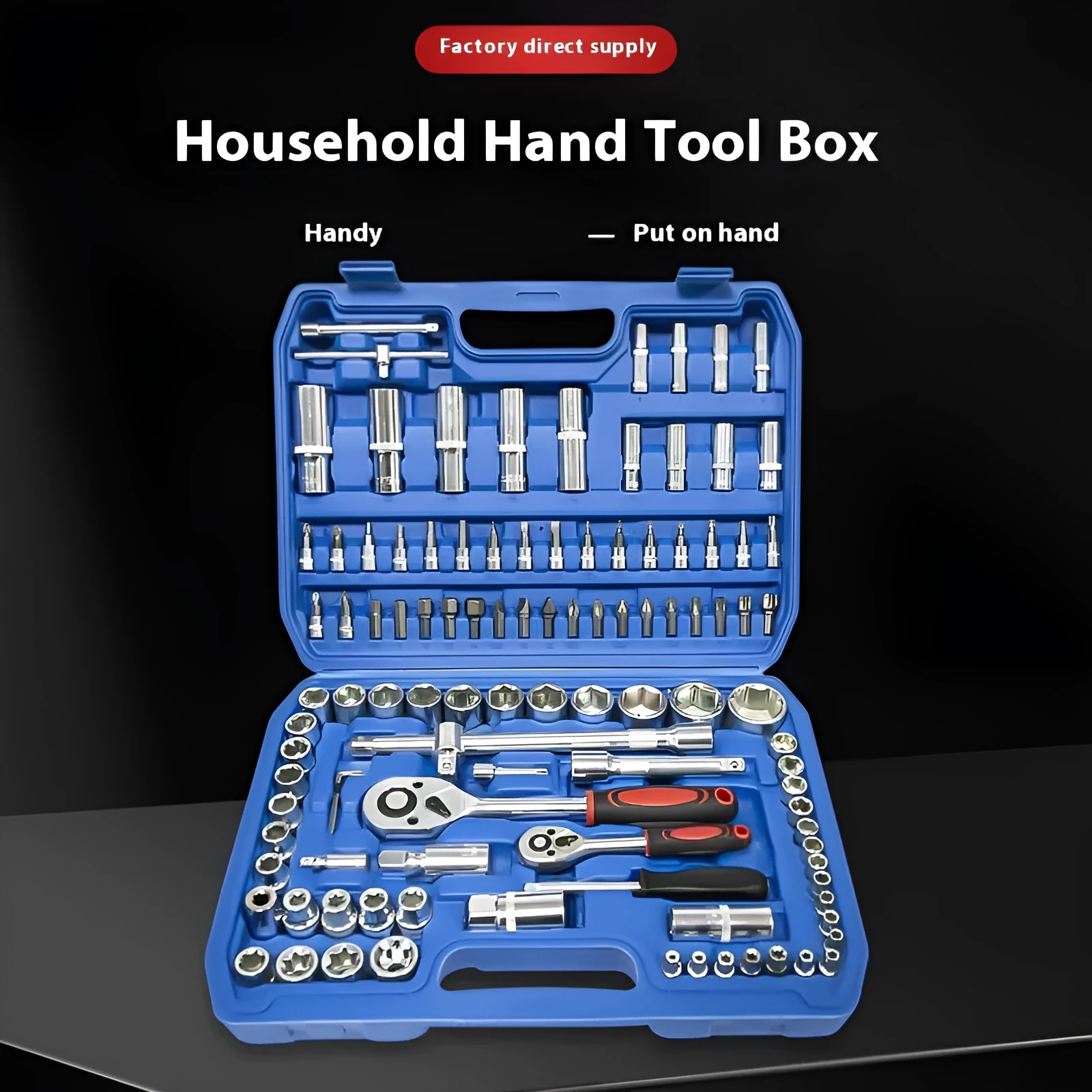 82-piece auto repair tool set in galvanized blue case with carbon steel ratchet wrenches