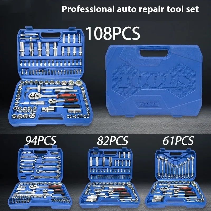 82-piece auto repair tool set in galvanized blue case with carbon steel ratchet wrenches