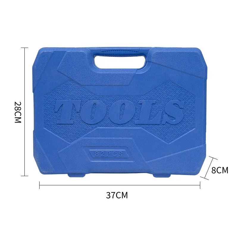 82-piece auto repair tool set in galvanized blue case with carbon steel ratchet wrenches