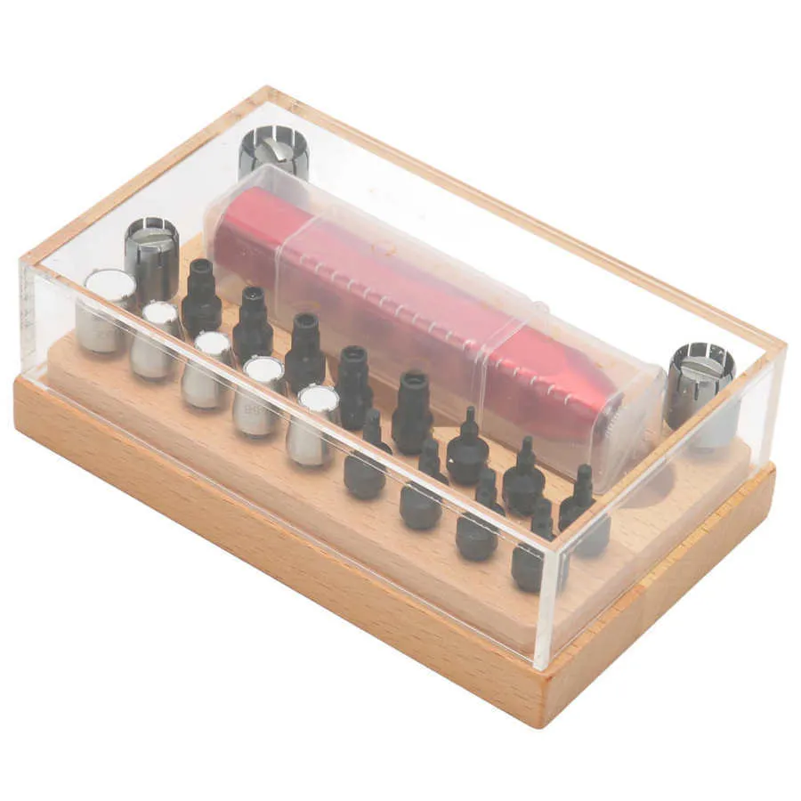 20-piece steel watch repair barrel-opening tool set on a workbench
