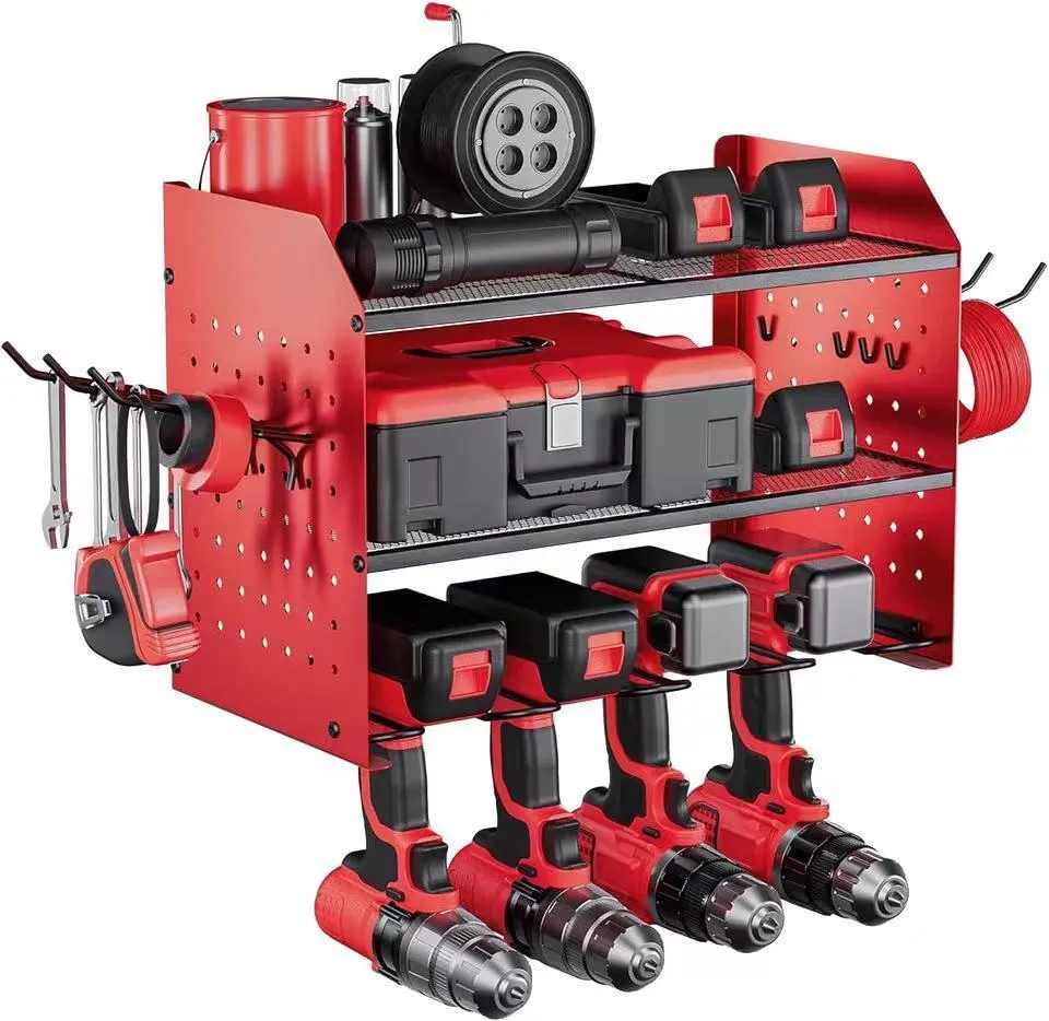 Wall-mounted carbon steel three-layer tool rack holding electric drills and screwdrivers in a garage