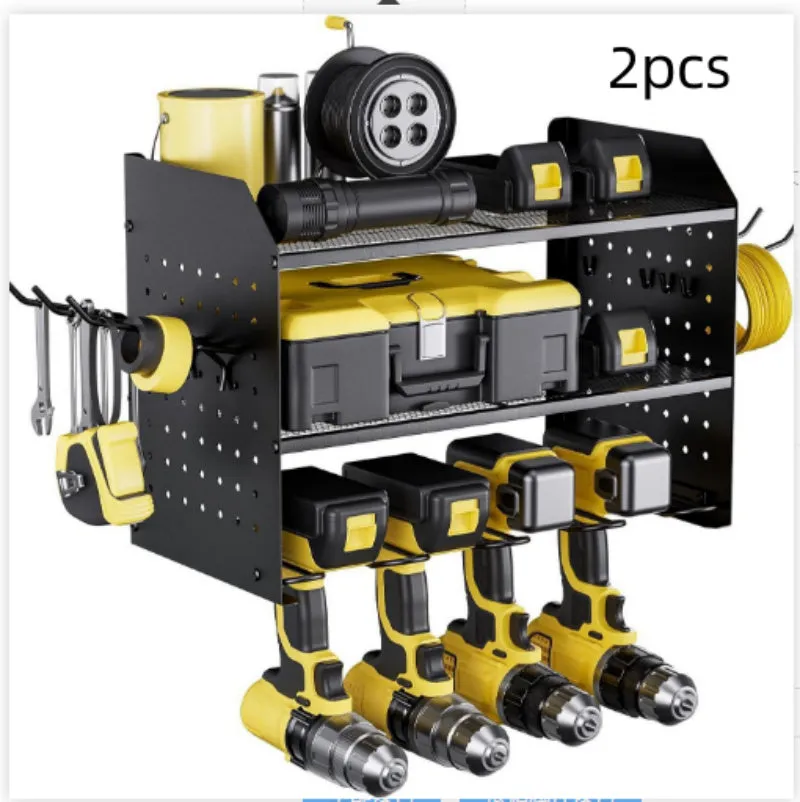 Wall-mounted carbon steel three-layer tool rack holding electric drills and screwdrivers in a garage