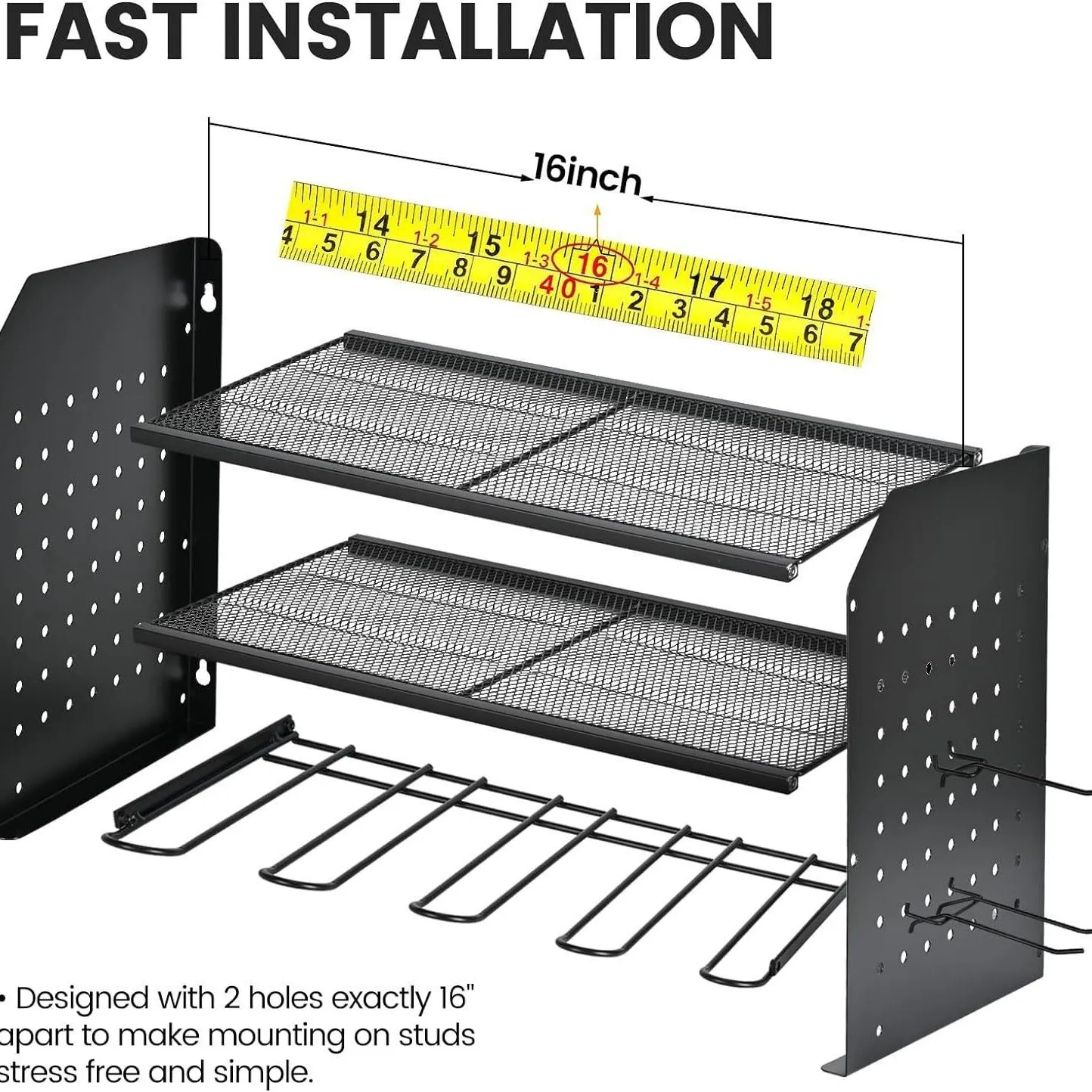 Wall-mounted carbon steel three-layer tool rack holding electric drills and screwdrivers in a garage
