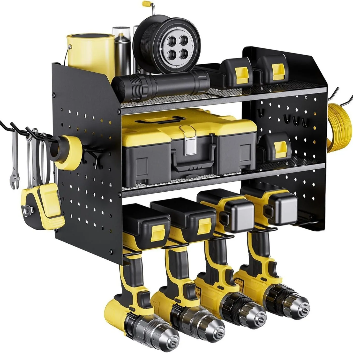 Wall-mounted carbon steel three-layer tool rack holding electric drills and screwdrivers in a garage