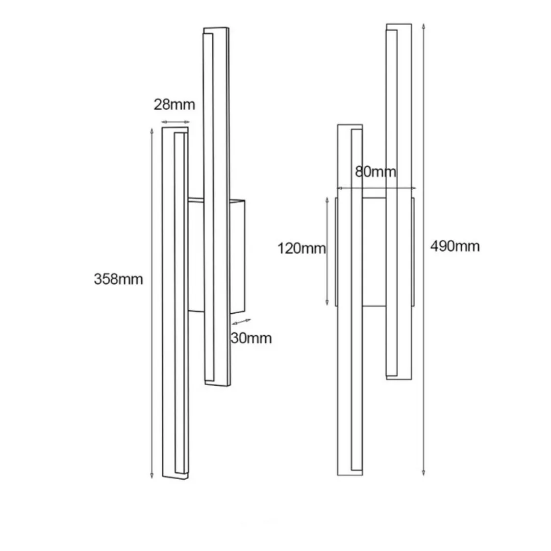Gold-finished double line wall lamp, 500mm long, with modern design on a white wall.