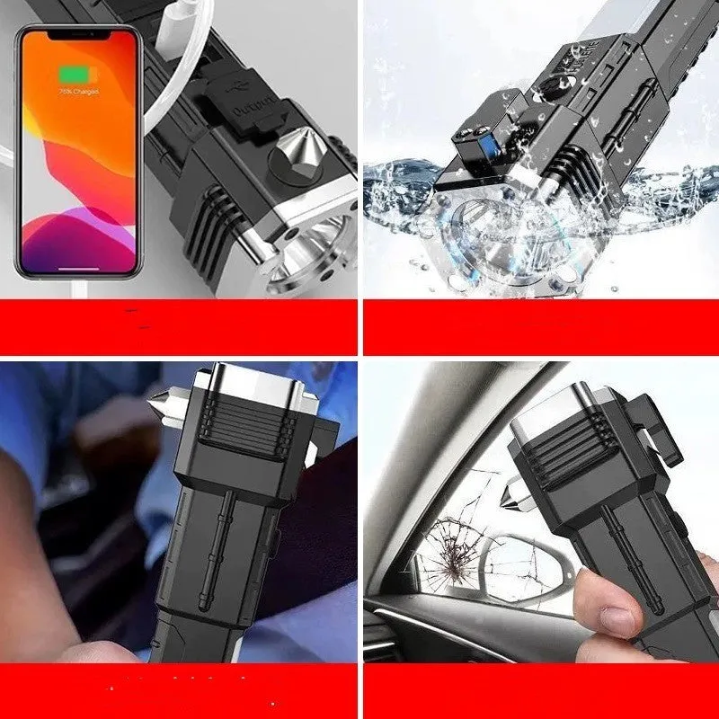 Silver portable flashlight with integrated power bank and LED light, showing plastic construction.
