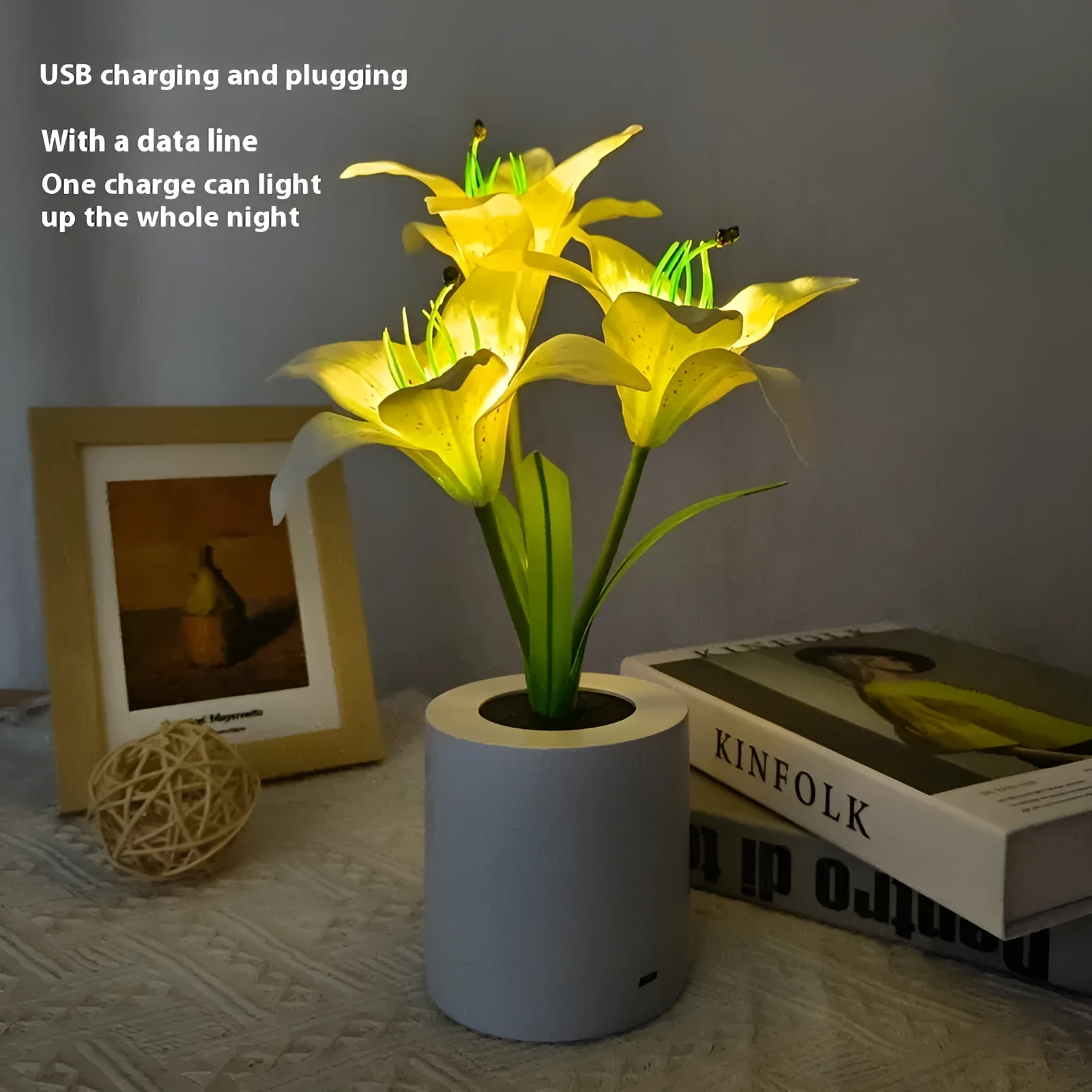 Rechargeable LED Lily Flower Pot Lamp Small Night Ambience Light in Lily White or Pink with 300W Power Output Decorative Table Lamp