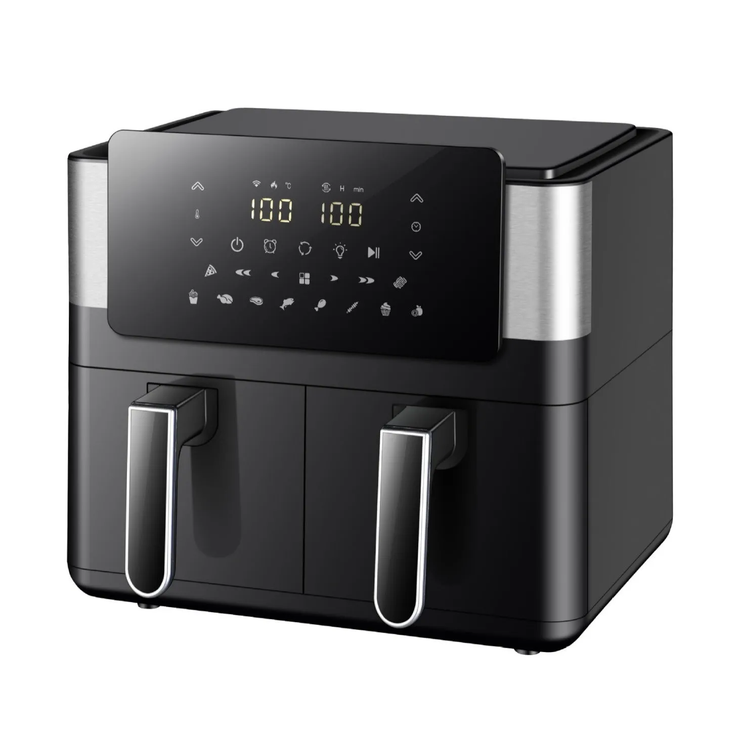 Household 8L double pot air fryer in stainless steel with two 4-litre compartments and touch screen control