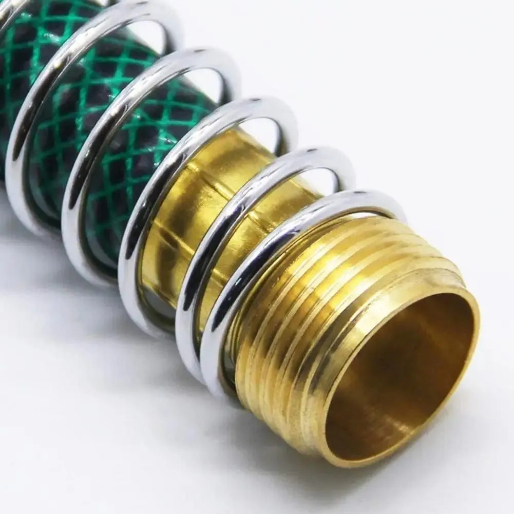 Close-up of a brass spring hose connector showing the spiral spring and 3/4 inch threaded fittings