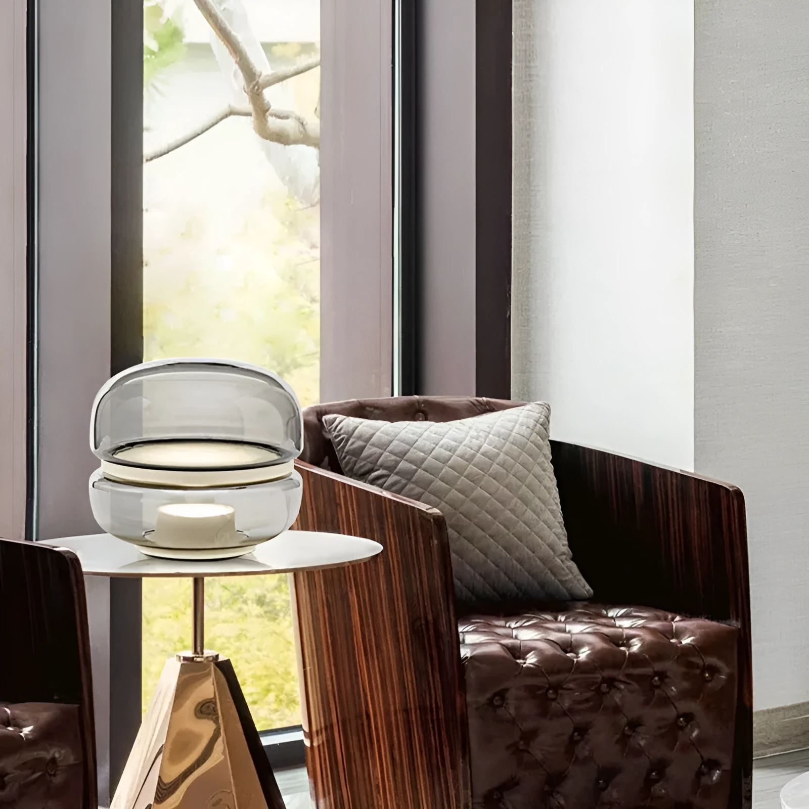 Nordic modern creative table lamp with warm light on a desk