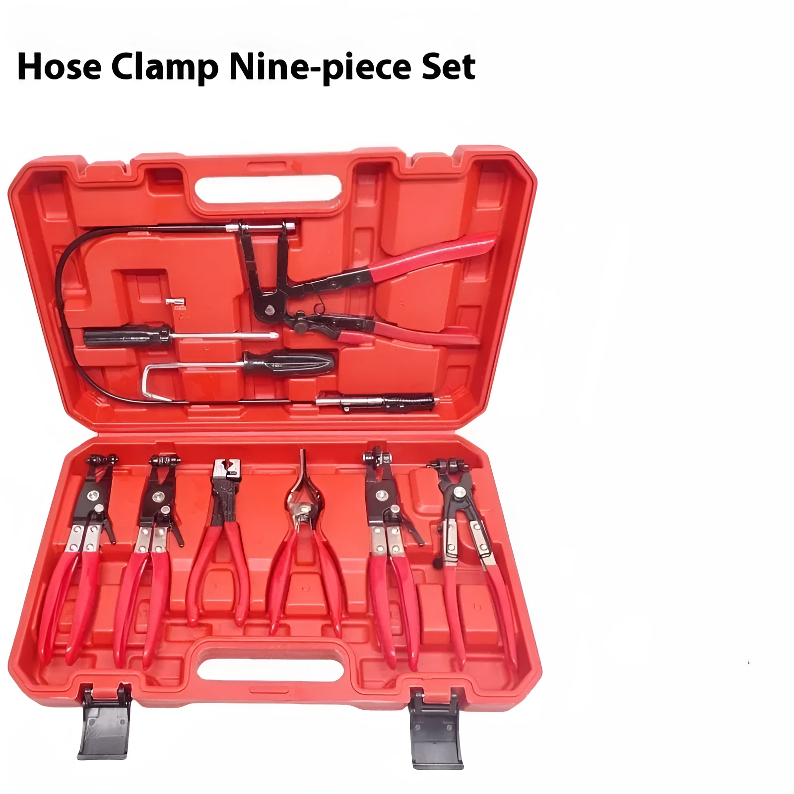 Nine-piece pipe clamp pliers set with red handles and split straight throat jaws on white background