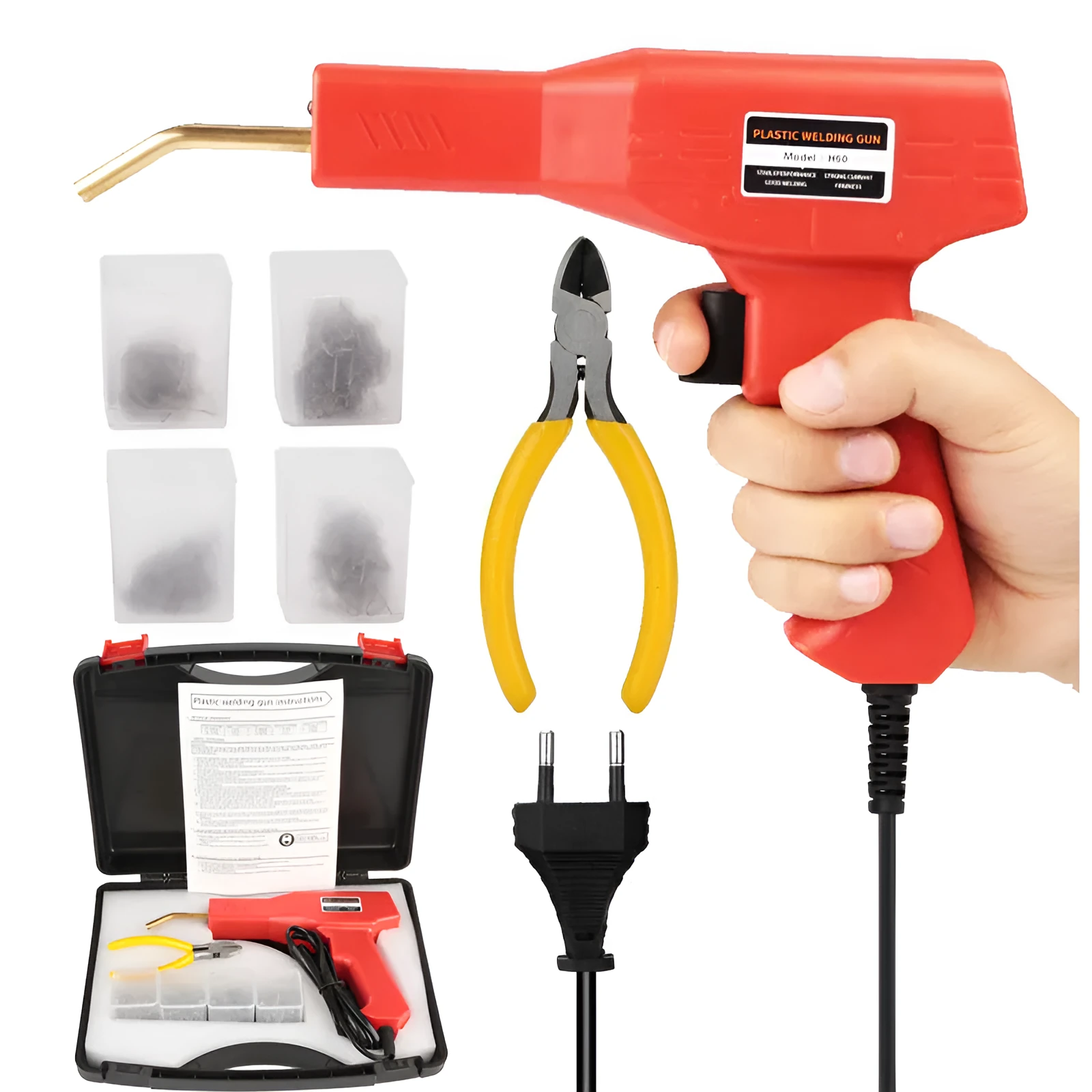 Red plastic welding gun with pure copper transformer in black plastic box with nails and pliers knife
