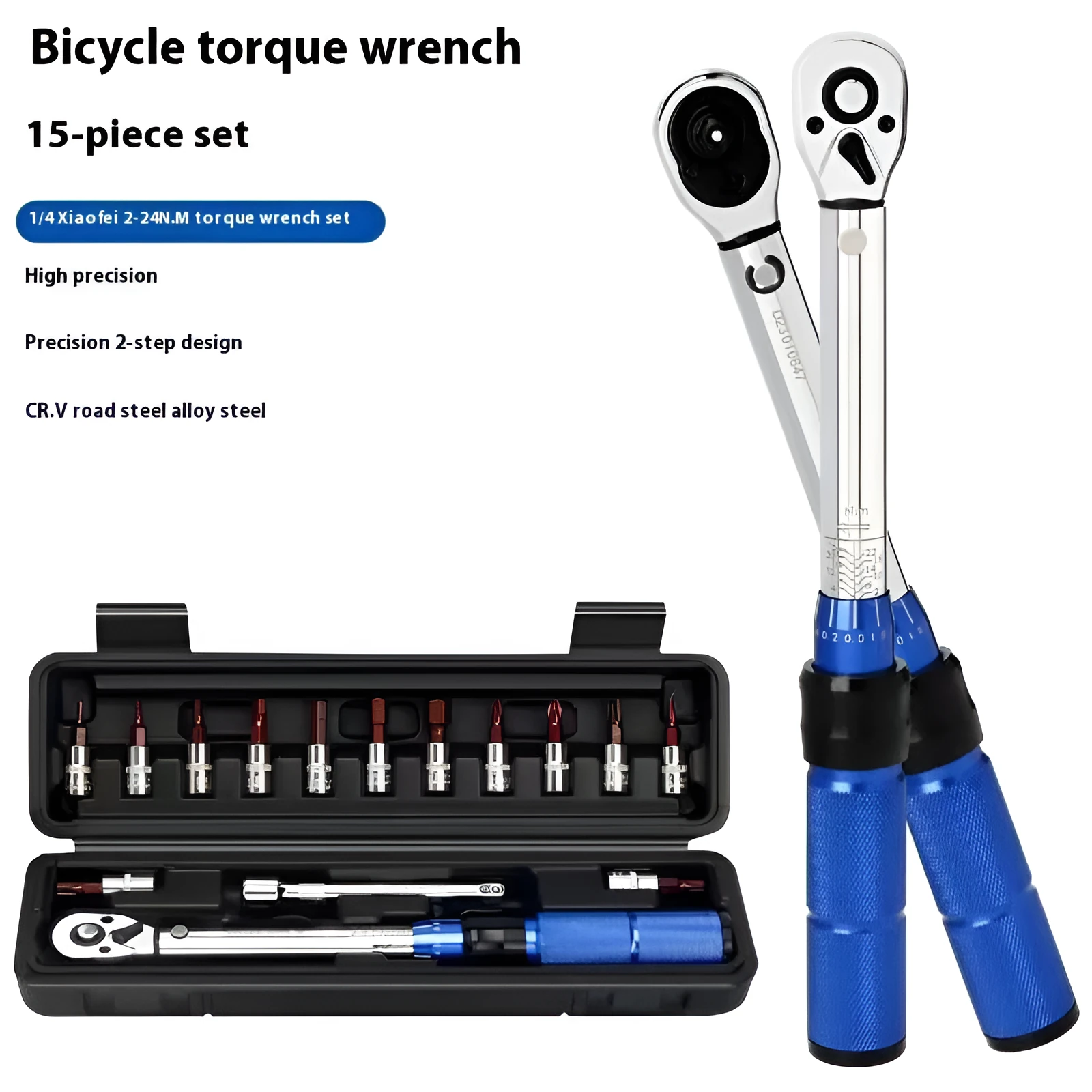 15-piece preset adjustable torque wrench set with 1/4-inch ratchet head for bicycle repair, 2-24 Nm range