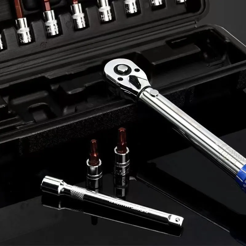 15-piece preset adjustable torque wrench set with 1/4-inch ratchet head for bicycle repair, 2-24 Nm range