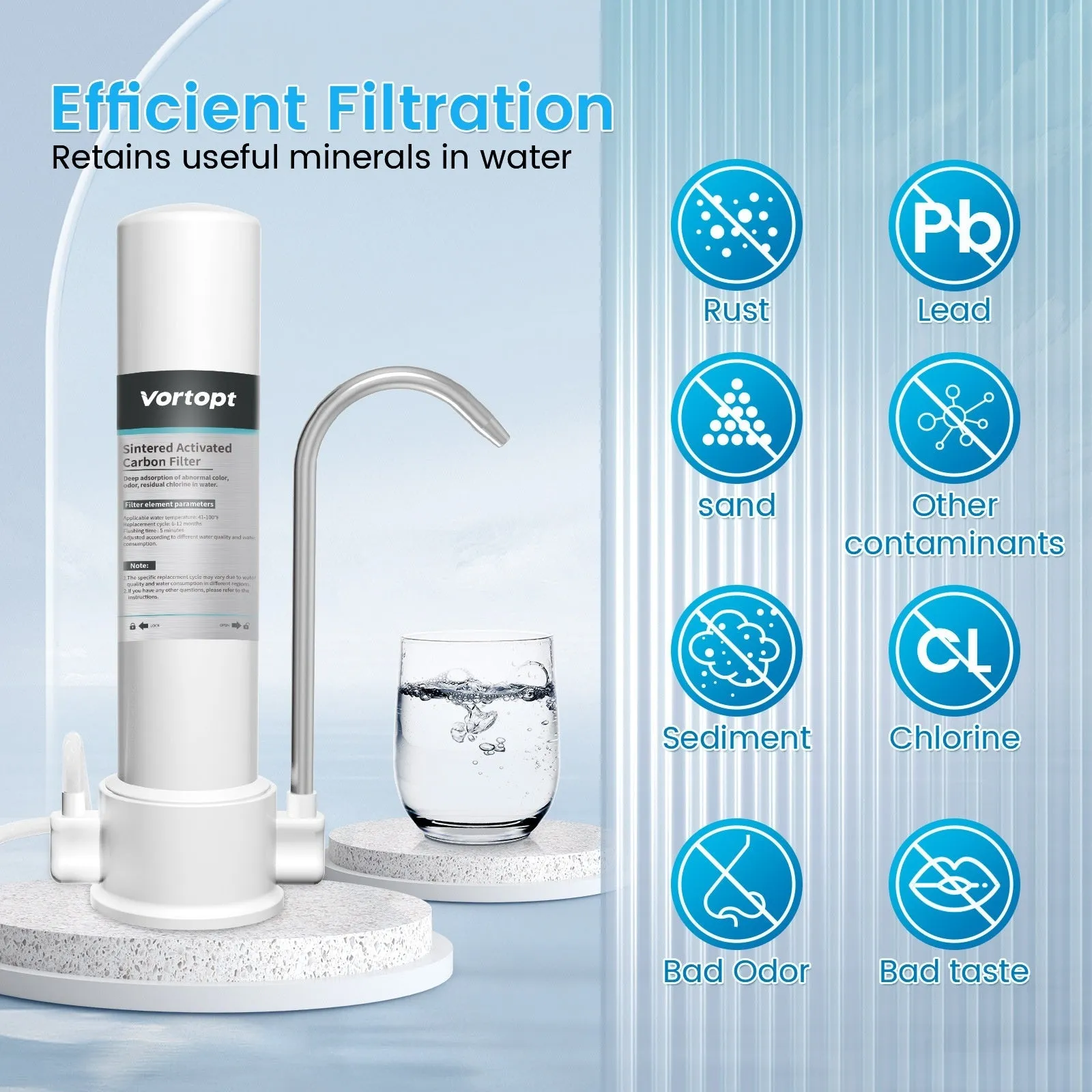White countertop carbon rod water purifier connected to a household kitchen faucet with replaceable filter element.