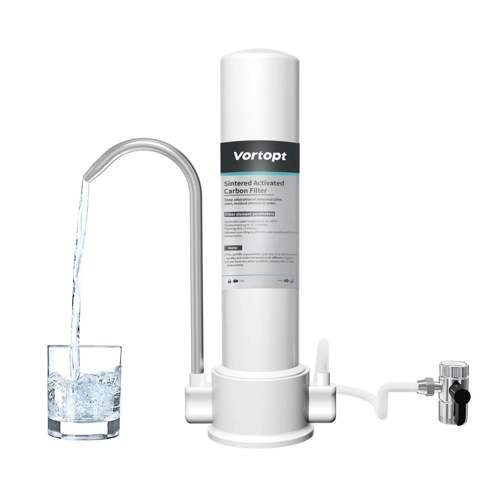 White countertop carbon rod water purifier connected to a household kitchen faucet with replaceable filter element.