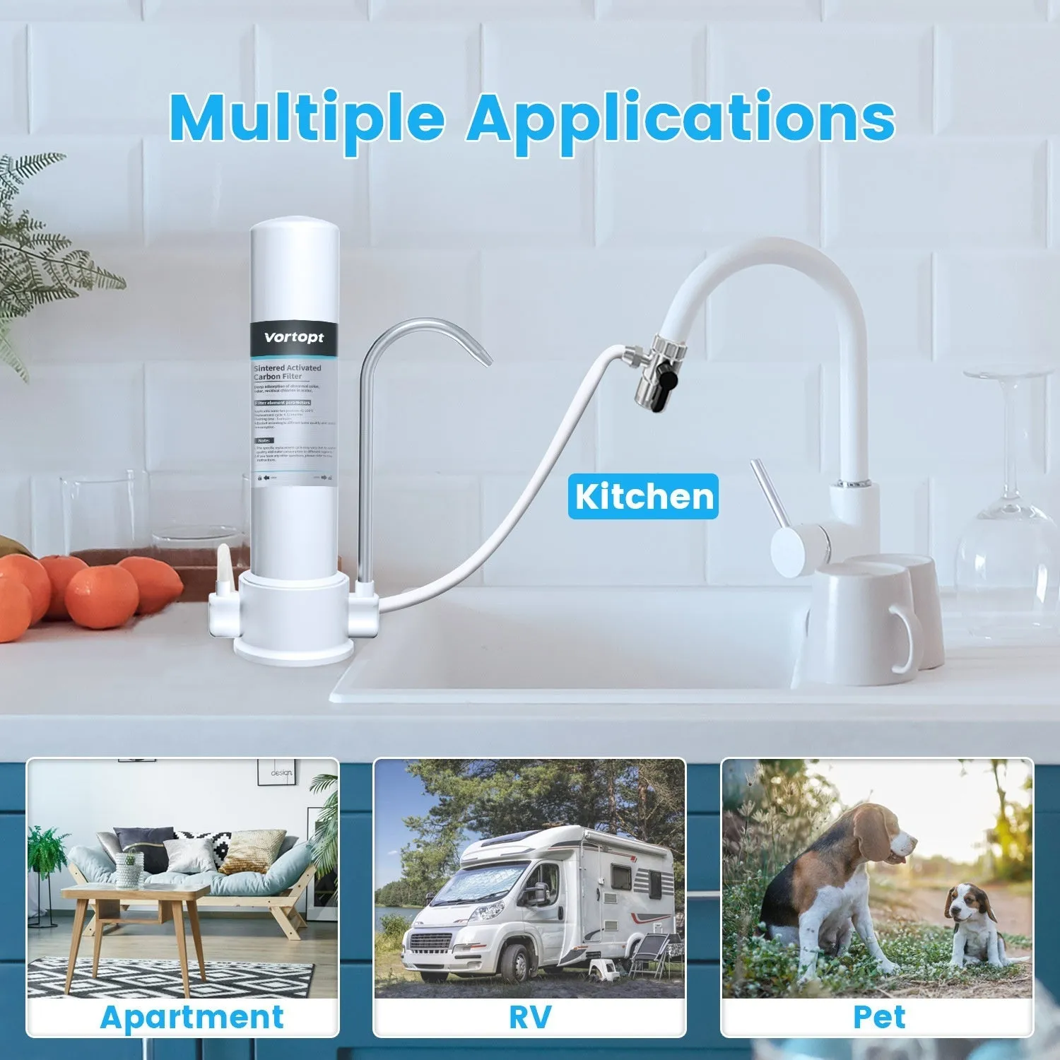 White countertop carbon rod water purifier connected to a household kitchen faucet with replaceable filter element.