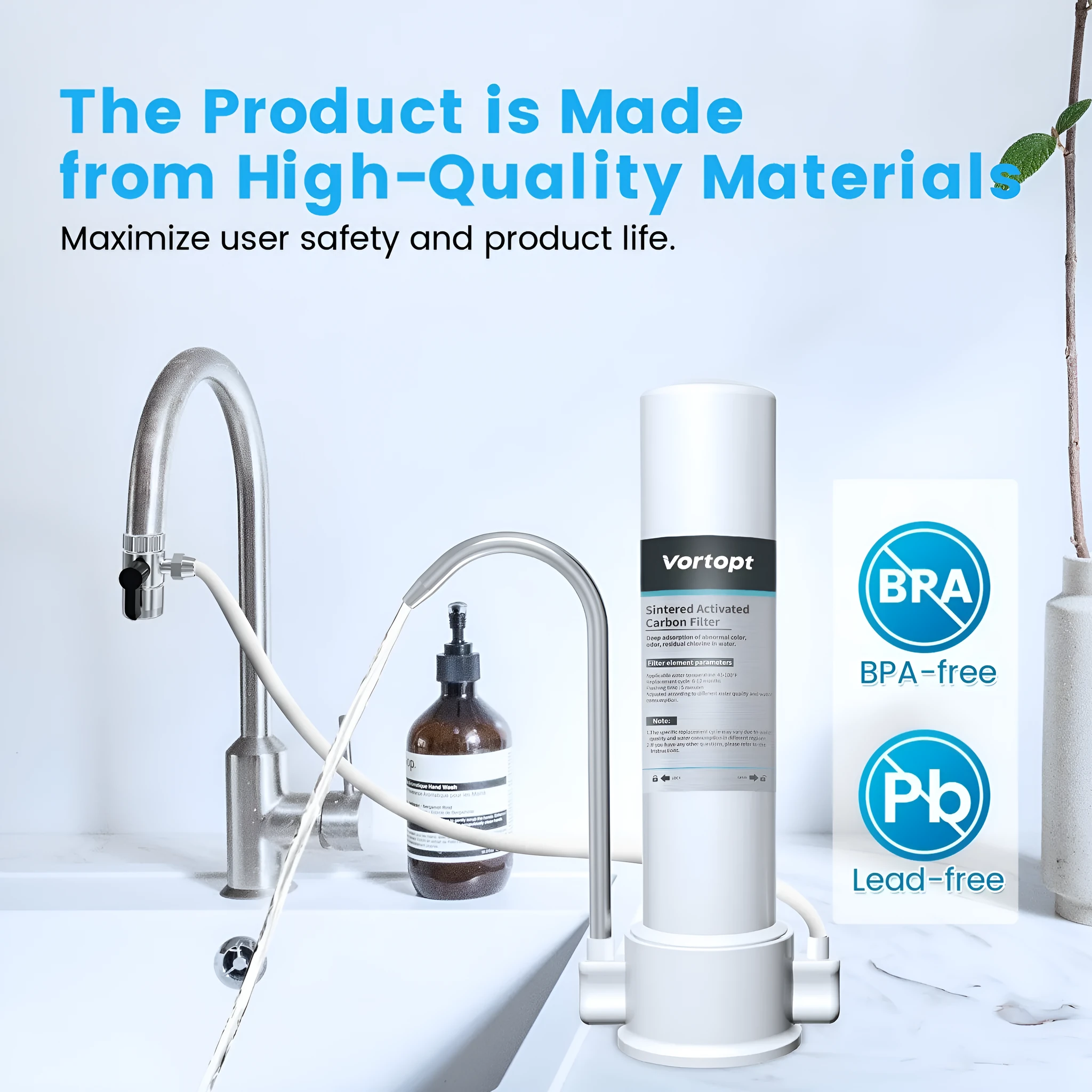 White countertop carbon rod water purifier connected to a household kitchen faucet with replaceable filter element.