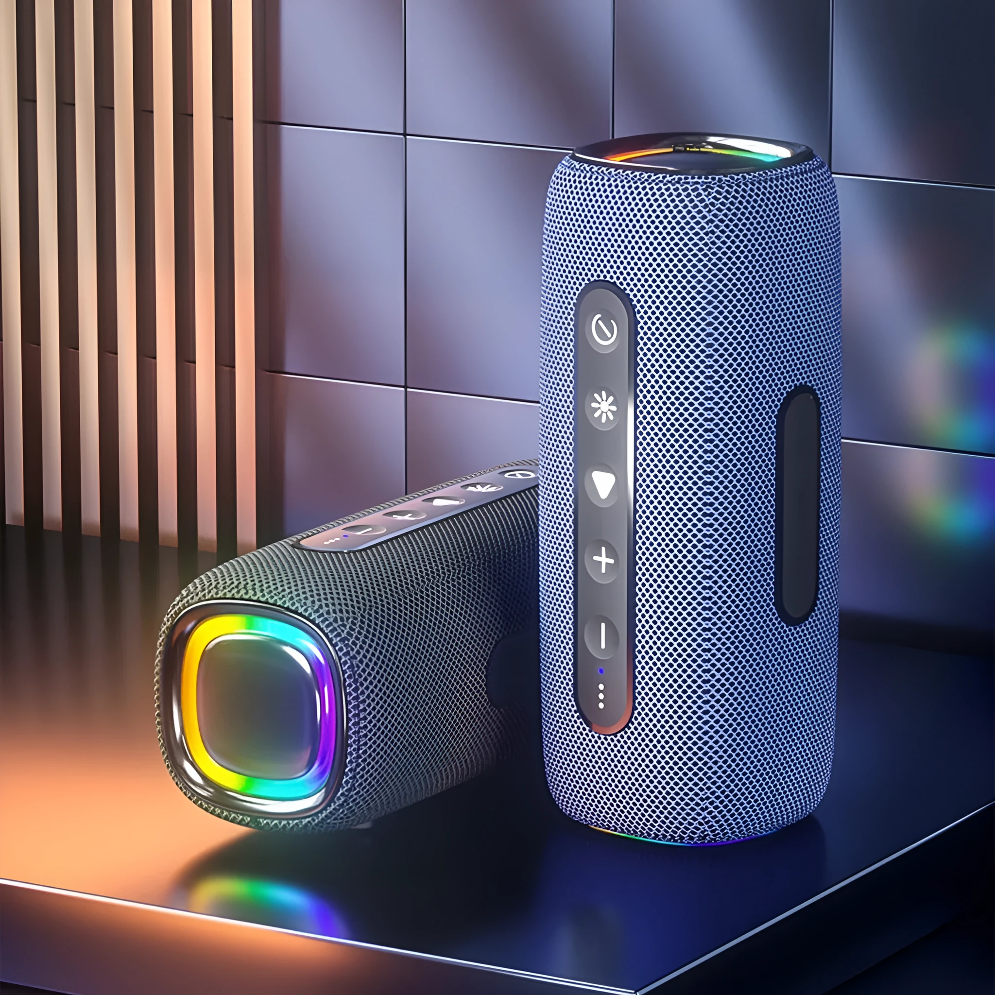 Outdoor waterproof portable wireless Bluetooth speaker EBS-608 in gray with dual speaker units and cloth net cover