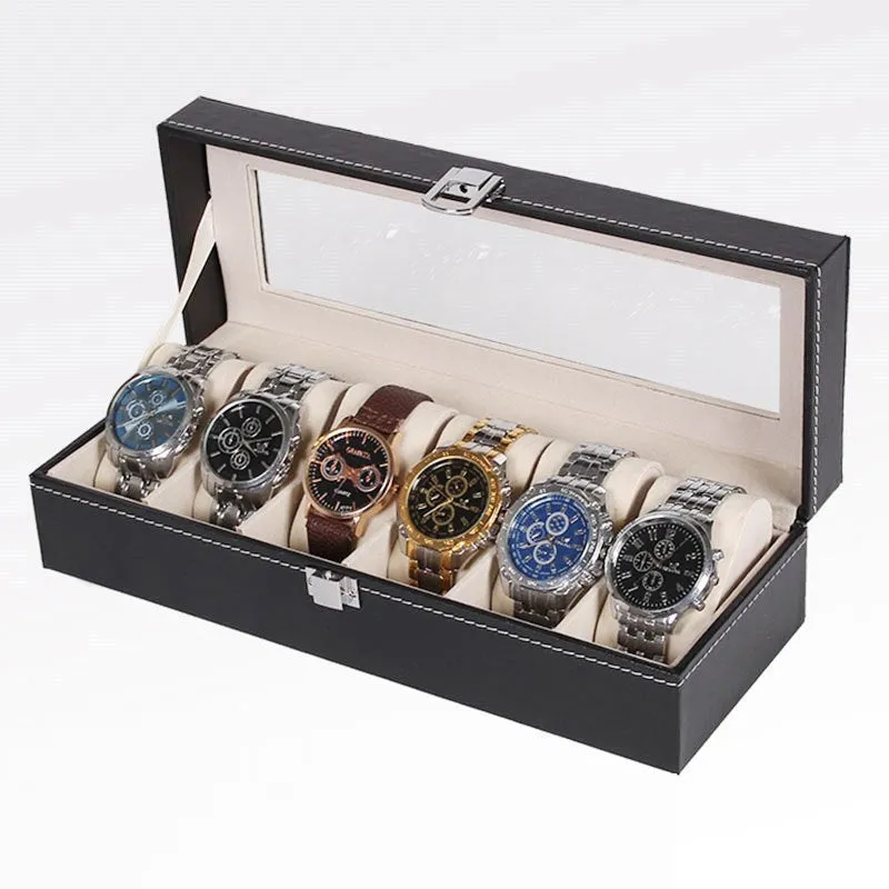 Black wooden watch display box with six viewing windows measuring 30cm long by 11cm wide by 8cm high