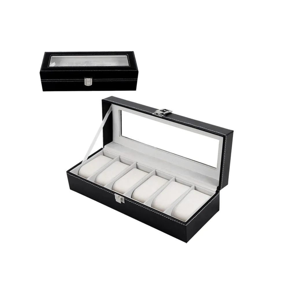 Black wooden watch display box with six viewing windows measuring 30cm long by 11cm wide by 8cm high